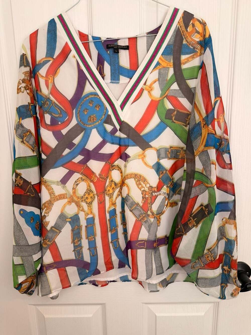Alberto Makali Women's Multicolor Equestrian Belt and Chain Print V-Neck Long Sl - Picture 2 of 13